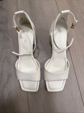 ALDO White Square-Toe Ankle-Strap Heels